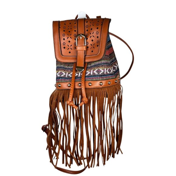 Boho Western Aztec Bucket Bag Fringe Backpack Crossbody Cinched Brown - Picture 1 of 8